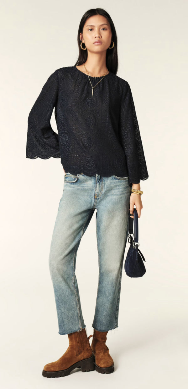 Bruna Broderie Anglaise Blouse - Navy - 30% off
