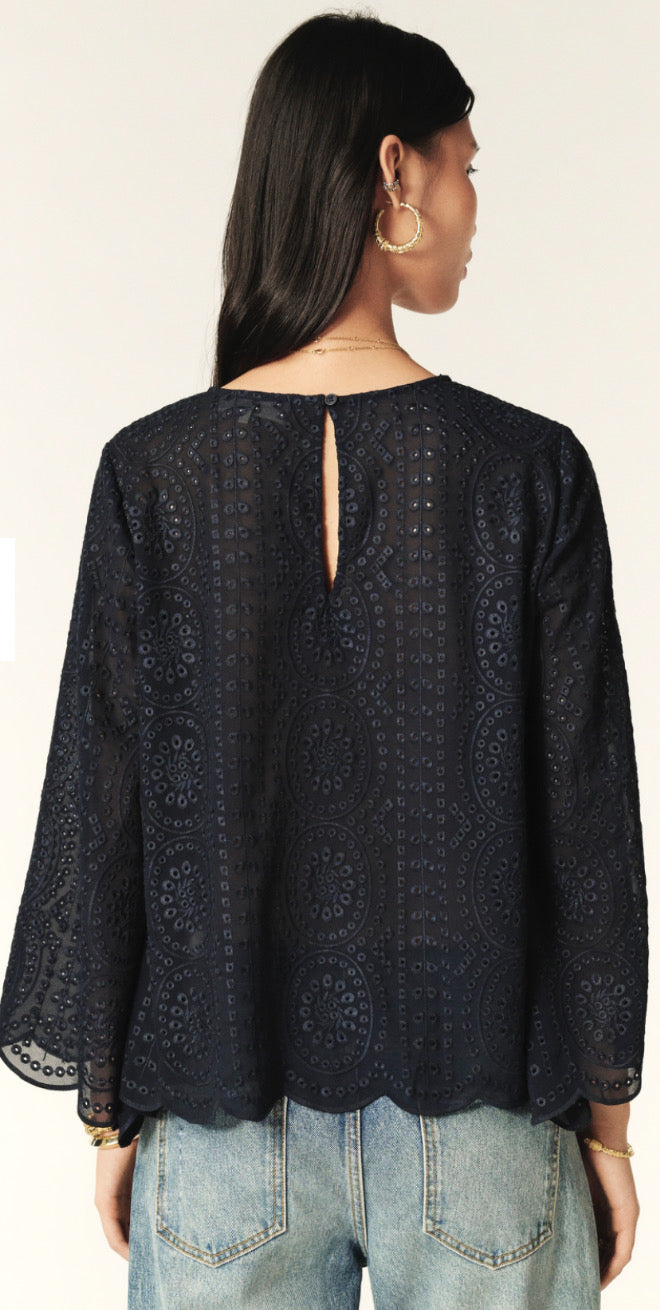 Bruna Broderie Anglaise Blouse - Navy - 30% off