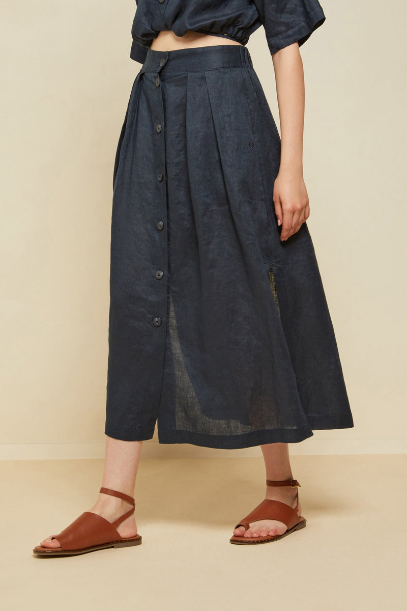 Linen Long Skirt - Navy